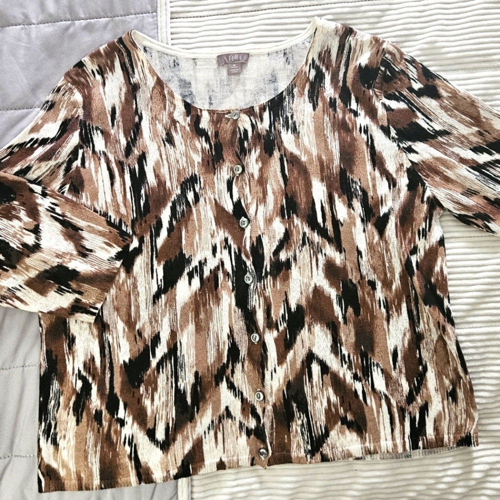 J. Jill Brown/Black Lightweight Linen Blend Cardigan Sweater Size M